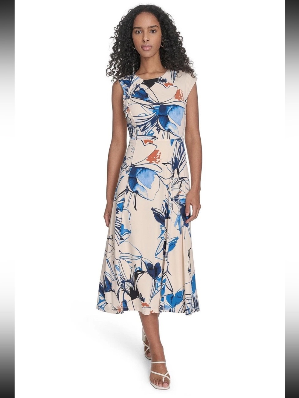 Calvin Klein Floral Midi Dress in Cream and Blue